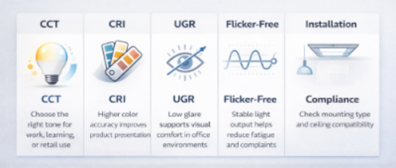 Infographic showing CCT, CRI, UGR, flicker-free performance, installation type, and compliance for LED panel lights 